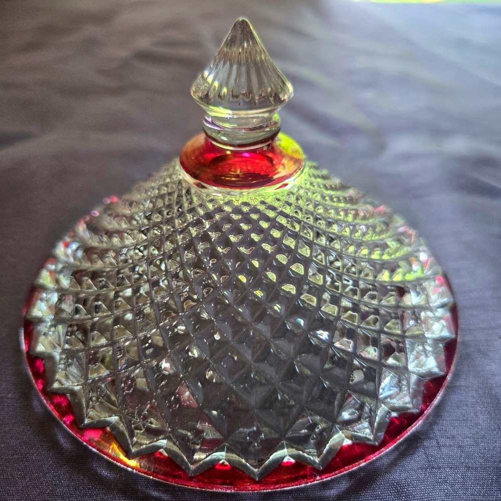 Vintage Ruby Red Flash Diamond Point Glass Lidded Candy Dish Pedestal Compote - Picture 3 of 14